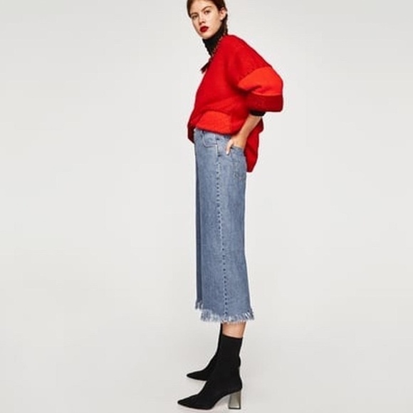 Zara Vintage Style High Waisted Culotte Frayed Hem Blue Denim Jeans Sz 00 - Picture 4 of 10